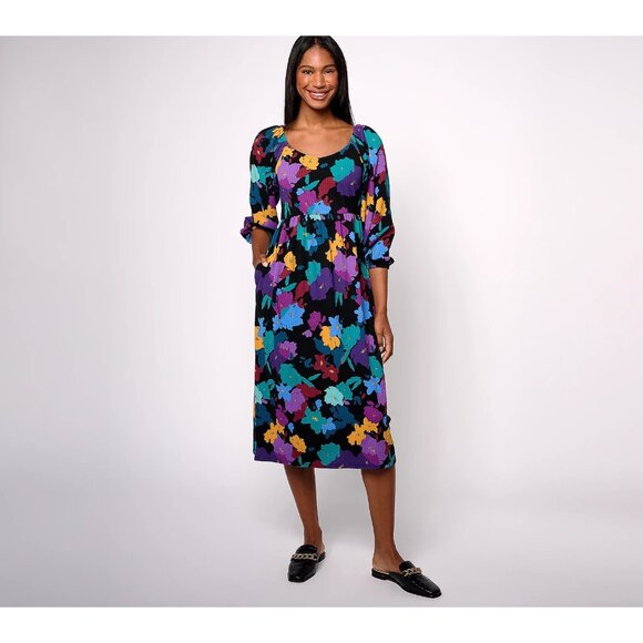 AnyBody  Daydreamer Knit Printed Dress with Smocking Black Floral M A619747 - Picture 1 of 2